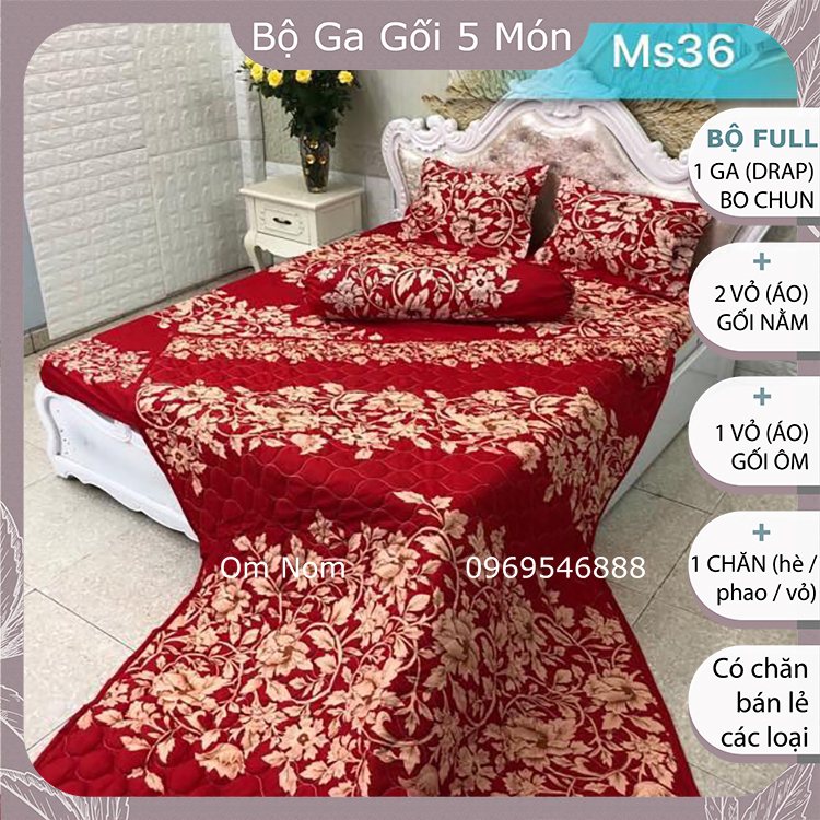 Bộ chăn ga gối 5 món đẹp hàn quốc chất cotton poly: 1 drap giường + 2 vỏ gối + 1 vỏ ôm + 1 chăn, họa tiết hoa dây đỏ cho phòng cưới đẹp