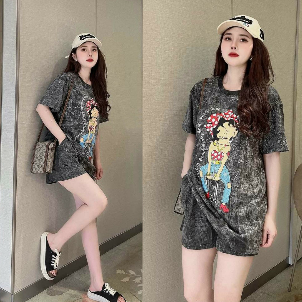 Bộ thun đùi form rộng họa tiết cô gái thời trang