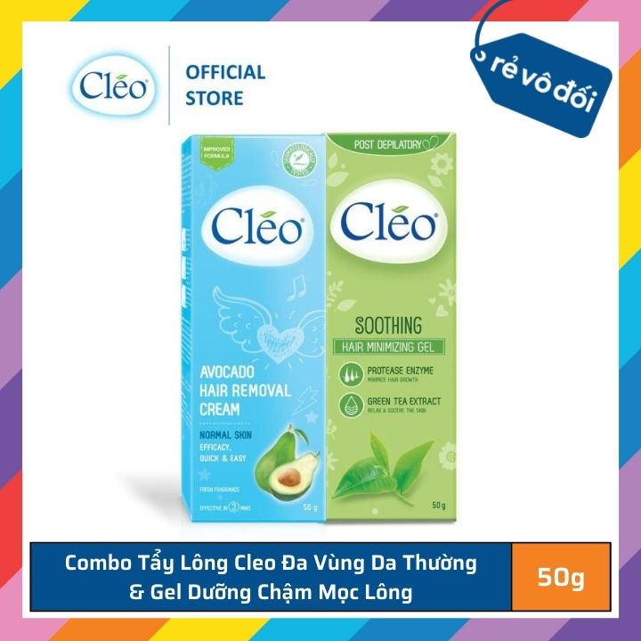 Bộ đôi kem tẩy lông Cleo đa vùng giành cho da thường 50g và Gel dưỡng sau tẩy lông làm dịu da Cleo giúp chậm mọc lông 50g