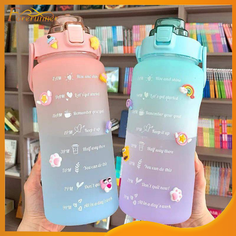 ขวดน้ำ 2 ลิตร กระบอกน้ำ 2000ml กระบอกน้ำพกพา ขวดน้ำ 2 ลิตรบอกเวลา ขวดน้ำสไตล์เกาหลี พร้อมหลอดในตัว กระบอกน้ำน่ารัก??222