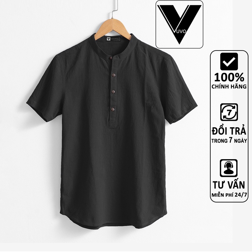 [TẶNG ÁO THUN BASIC KHI MUA SẢN PHẨM THỨ 3] Áo Sơ Mi Đũi Nam Vuvo Official Ngắn Tay Cổ Tàu 4 Khuy Cao Cấp