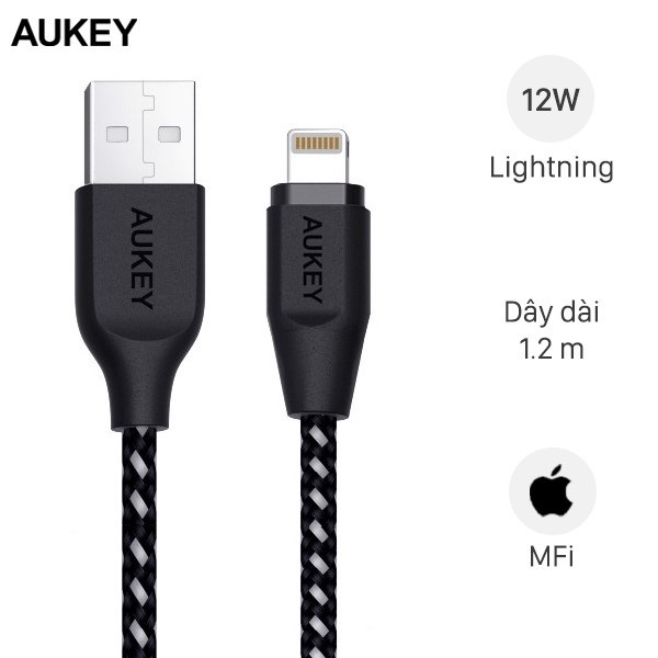 Cáp sạc aukey usb to lightning cb-al1 - 1.2m - mfi - bọc dù siêu bền - bảo hành chính hãng 1 năm