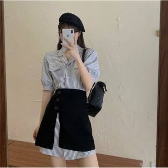 Set đầm sơ mi sọc kèm chân váy đen phối ngoài (kèm video shop quay) 😍😍