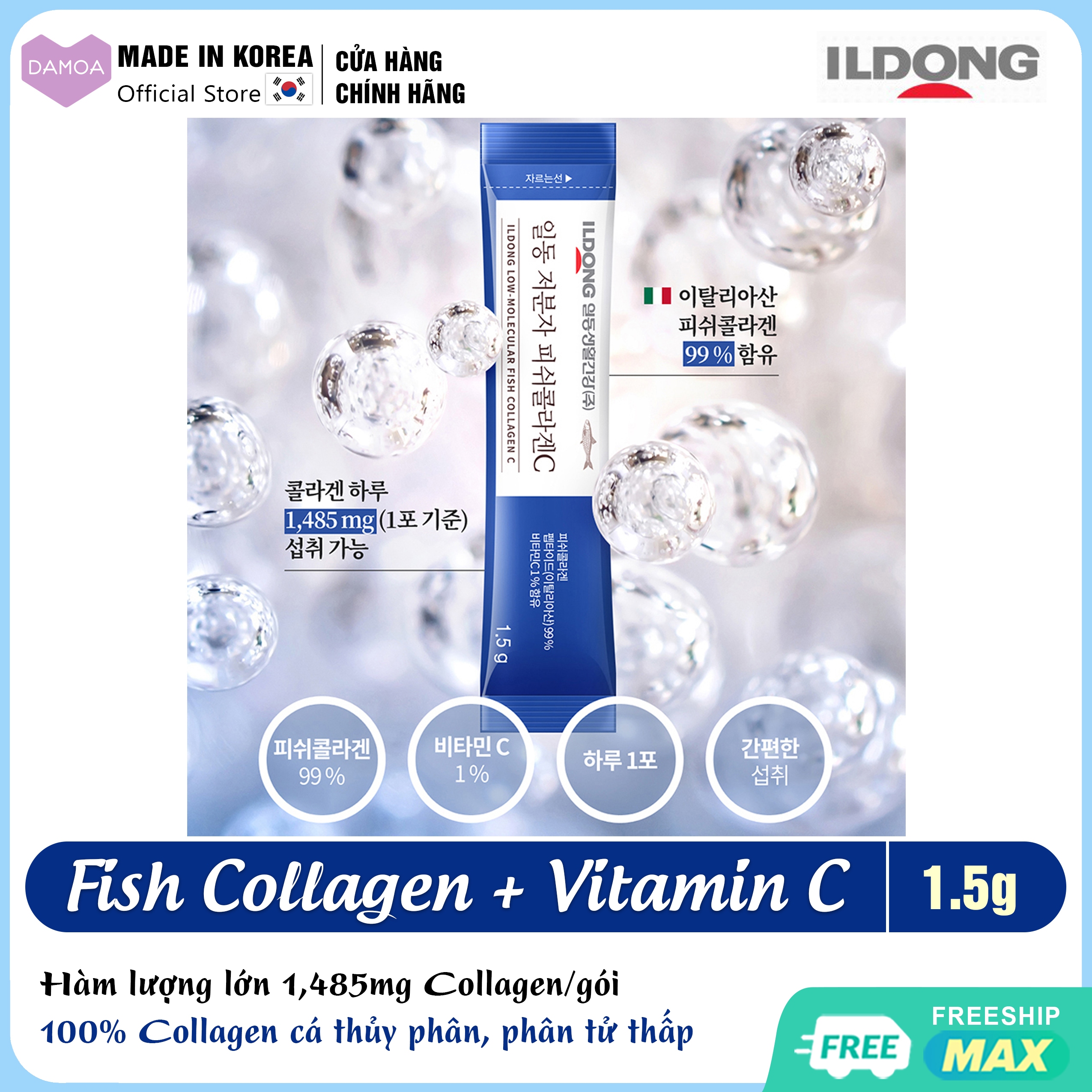 Gói Bột uống Collagen Cá Thủy Phân Nguyên chất & Vitamin C Đẹp da sáng mịn, Chống lão hóa ILDONG Fish Collagen C Hàn Quốc