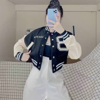 Áo khoác lửng bomber croptop thêu B màu xám