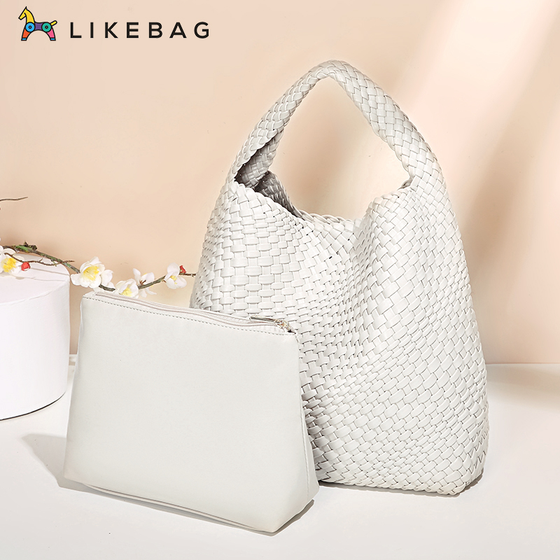 LIKEBAG Fashion Ladies Original Hand Woven Handbag PU Leather Woven women large capacity Tote Bag with Small Bag ราคา 1,420 บาท*ส่งฟรี