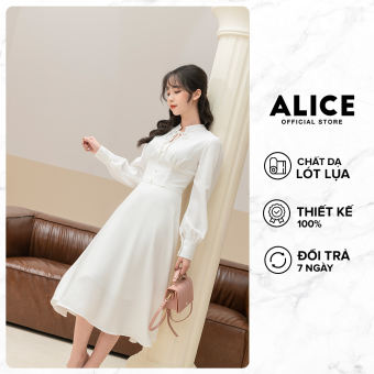 Váy Tiểu Thư Đính Ngọc ALICE Chất Vải Dạ Mềm Lót Lụa, Màu Trắng Tinh Khôi Phối Kiểu Dáng Điệu Đà Thanh Lịch V745