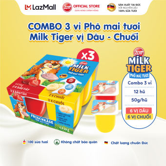 COMBO 3 vỉ Phô mai tươi Zott Milk Tiger vị Dâu - Chuối nhập khẩu từ Đức, cho bé 6 tháng trở lên (vỉ – 50g x 4 hũ), có bộ đôi Canxi - Vitamin D