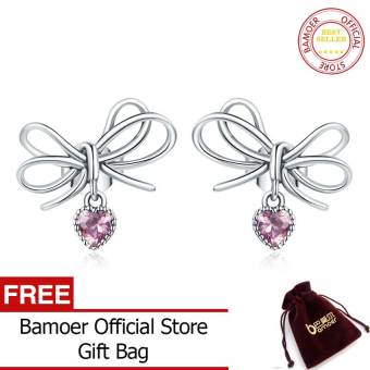 BAMOER Quà Tặng Trang Sức Bằng Bạc Thật 925 Bông Tai Đính Đá CZ Có Nơ Đối Với Phụ Nữ, Cô Gái Quà Tặng Tuyên Bố Đồ Trang Sức SCE962