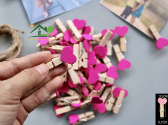 Bộ 100 kẹp gỗ trái tim treo hình ảnh tặng 10 mét dây thường, có 10 màu chọn lựa size 3.5x0.7cm