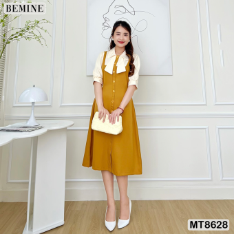 Đầm thiết kế phối tay cổ sơ mi nơ BEMINE MT8628