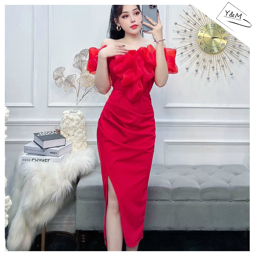 Đầm body nữ trễ vai phối voan freeship đầm dự tiệc đuôi cá nhún eo sexy sang chảnh kèm mút ngực