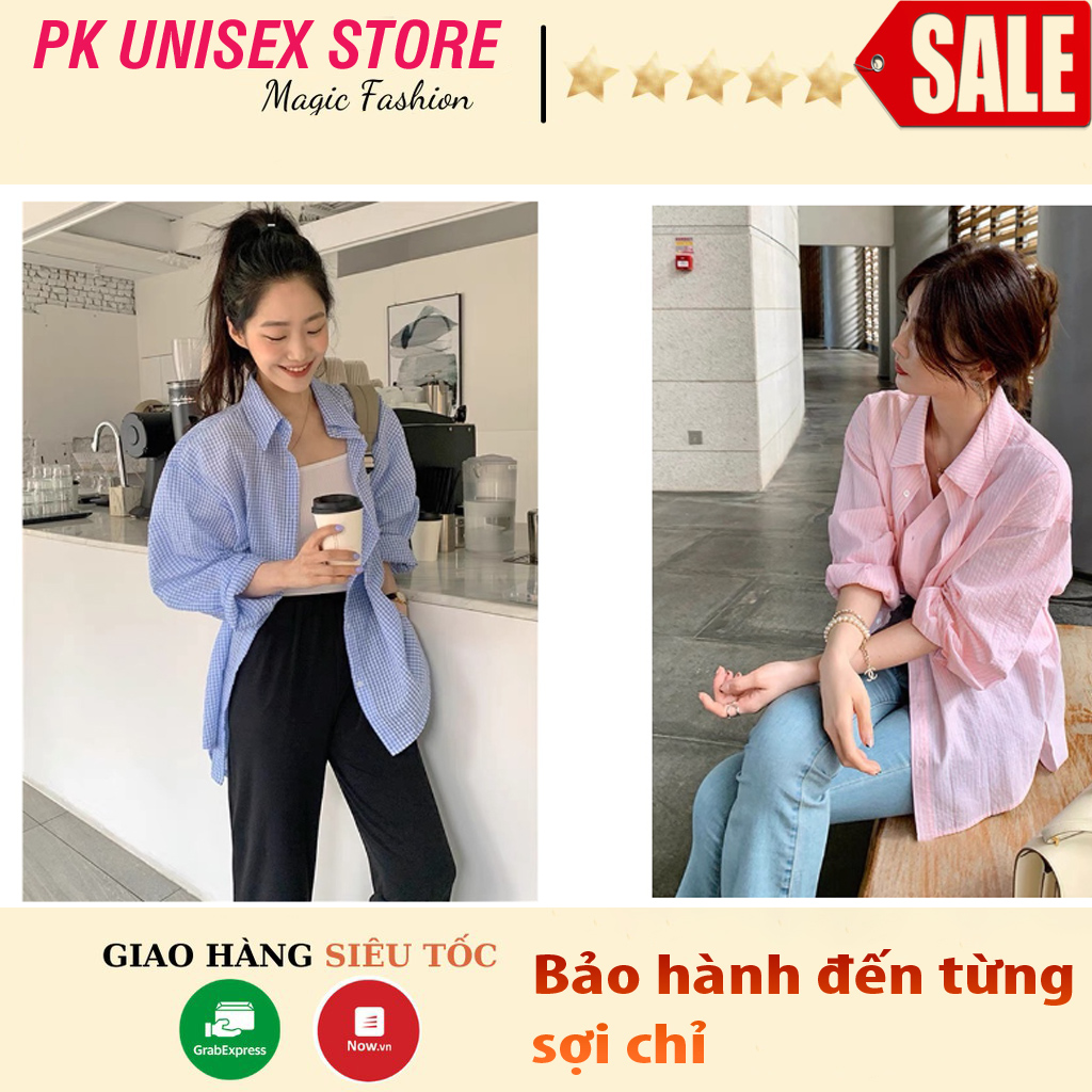 Áo sơ mi nữ kẻ đuôi tôm vải xốp 🦋 áo somi dài tay dáng thụng 2 màu