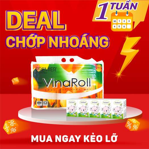 Combo giấy vệ sinh Premier Vinaroll không lõi và khăn giấy bỏ túi Vinatissue (Gói tiết kiệm)