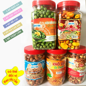 COMBO 5 Hủ: 1 Hủ Khô Gà Lá Chanh Loại Ngon 100g + 1 Hủ Đậu Phộng Tỏi Ớt 210g + 1 Hủ Hà Lan 220g + 1 Hủ Thập cẩm 220g + 1 Hủ Đậu Phông Da Cá Nước Cốt Dừa 220g Rồng Con - Đồ ăn vặt