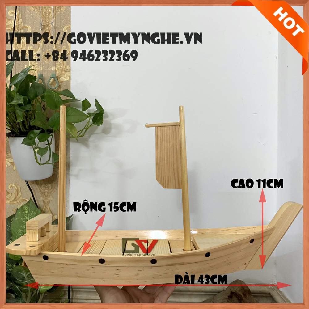 [Dài 43cm - 2 cột buồm] Khay gỗ đựng sushi - khay thuyền gỗ đựng sashimi hình con thuyền gỗ sushi - Gỗ thông - Hàng Chuẩn Nhật