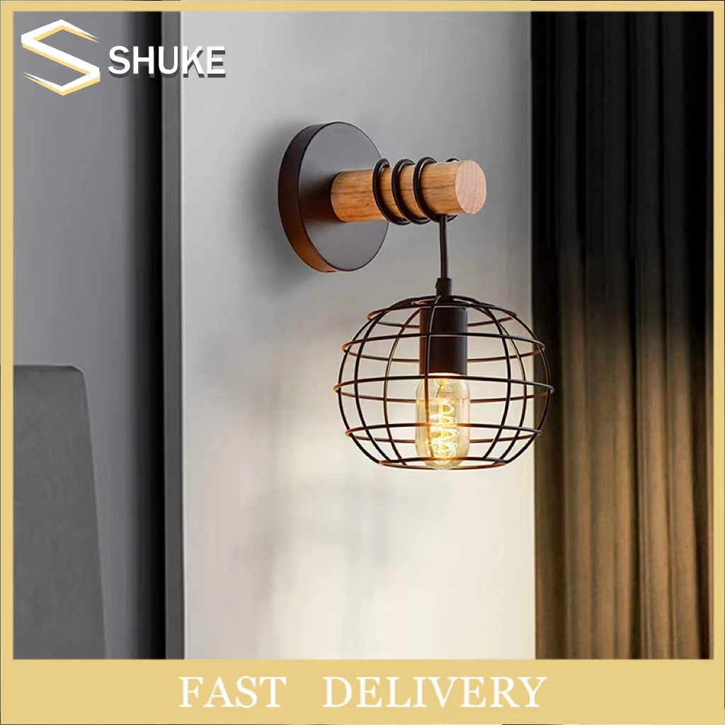 Vintage Wall Light E27 Industrial Design Modern Bedside Lamp Iron and Wood Cage Lamp Bedroom Corridor Living Room