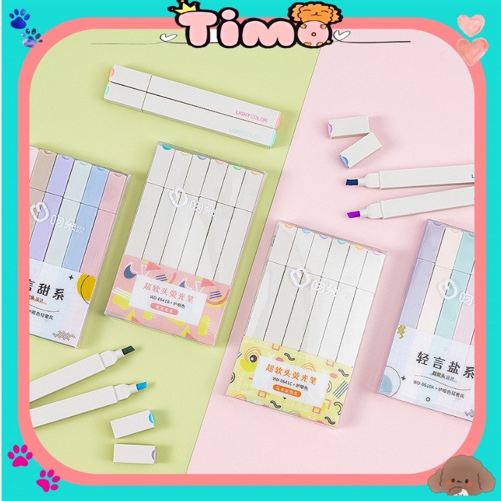 Bút dạ quang highlight pastel set 6 cây mini nhớ dòng nhiều màu vphl6