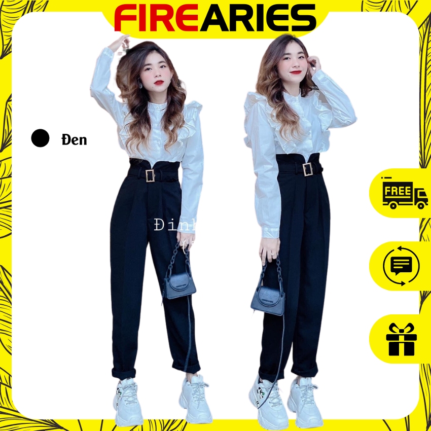 Quần Tây công sở ARIES QA012 - Quần Baggy đi học chất Tuyết Mưa Vitex kèm Đai vải cạp siêu cao hottrend