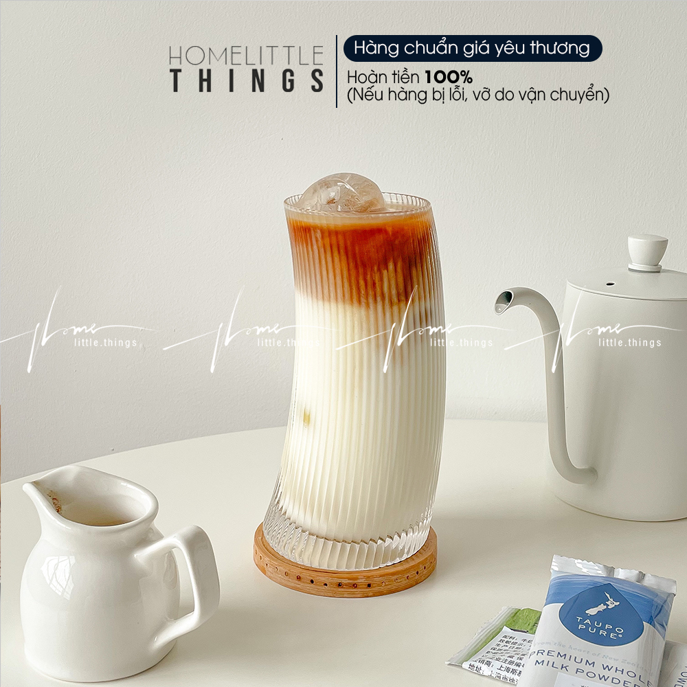Ly cốc thủy tinh uống nước cà phê kiểu dáng tròn cong có vân sọc dọc sang trọng