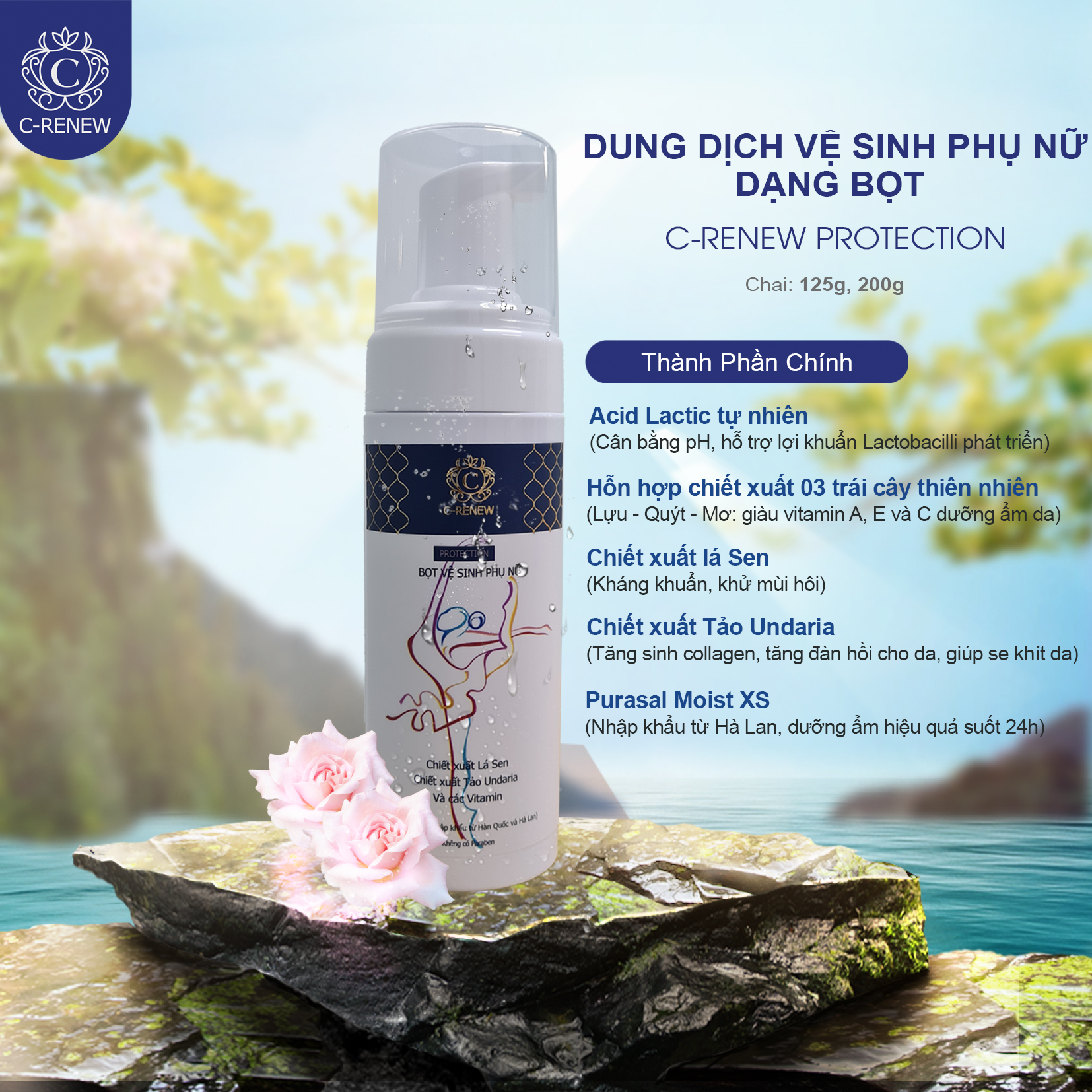 Dung dịch vệ sinh phụ nữ C-RENEW làm mềm và se khít vùng kín dạng tạo bọt tức thì nhỏ gọn tiện lợi cho dân văn phòng người hay di chuyển hoặc du lịch thường xuyên