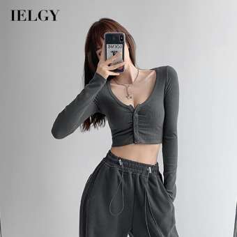 IELGY Áo Sơ Mi Cắt Gấu Ngắn Mới Áo Thun Tay Ngắn Cổ Lớn Bó Sát, Cao-Eo Áo Dệt Kim Dáng Ôm Dành Cho Nữ