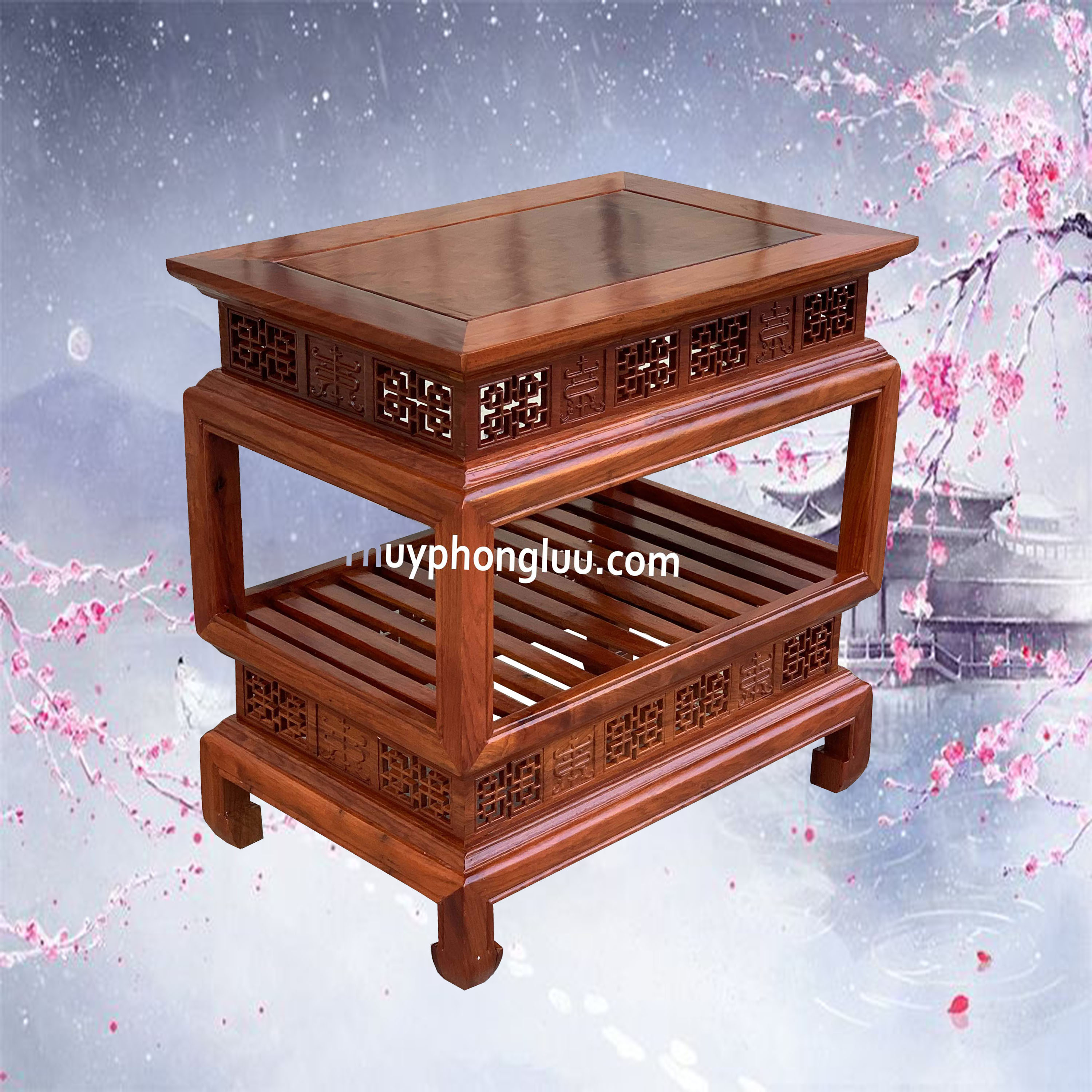 Đôn chữ nhật 2 tầng kê phòng khách mặt lan gỗ hương cao 60,70,80cm