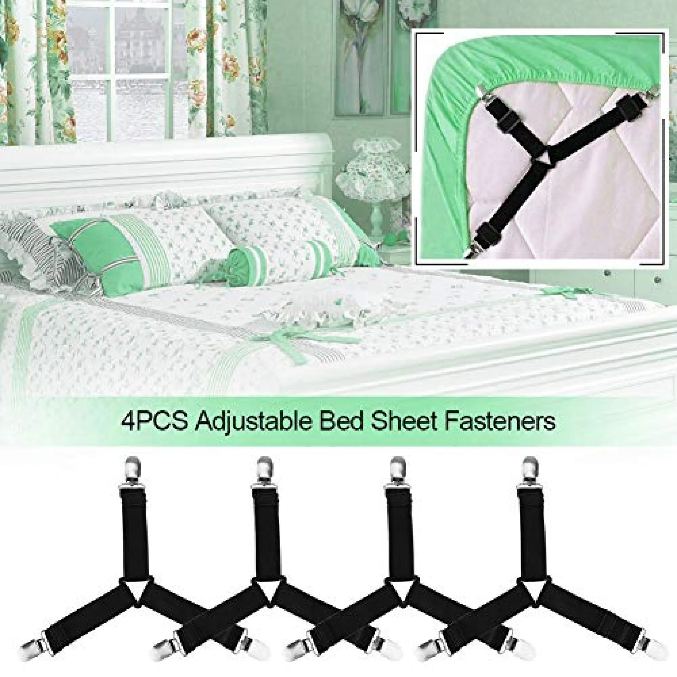 S SEEOOR Bed Sheet Holder Straps Elastic Adjustable Sheet Fasteners Heavy Duty Sheet Grippers for Mattresses Fitted Sheets Flat Sheets 4PCS White Corner Sheet Clips