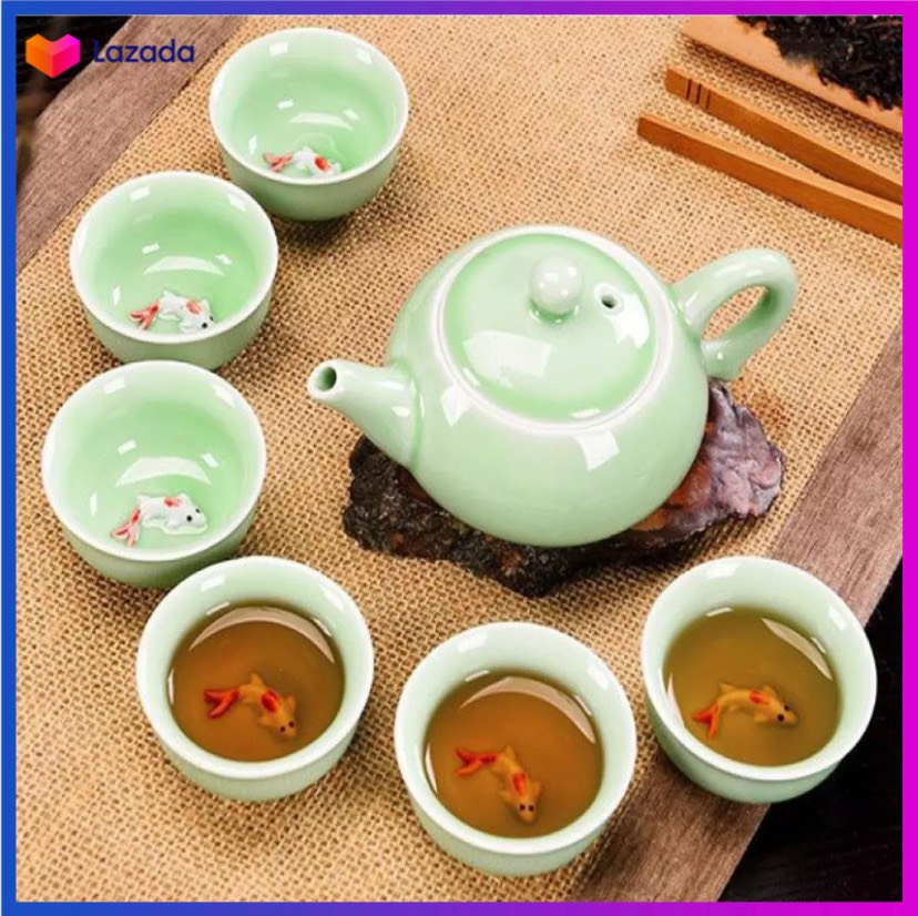 Bình trà, bình uống trà, bộ ấm trà hình cá 3d siêu chất, bộ bình tách trà họa tiết cá 3d nổi cao cấp , bộ bình trà 3d 6 chén , bộ ấm trà men ngọc hình cá chép 3d.