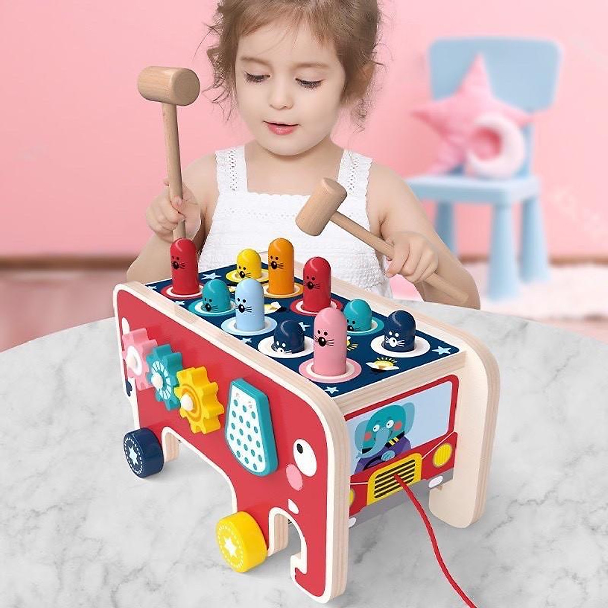 Bộ đồ chơi đập chuột bằng gỗ hình voi kèm bánh răng xoay 2 in 1