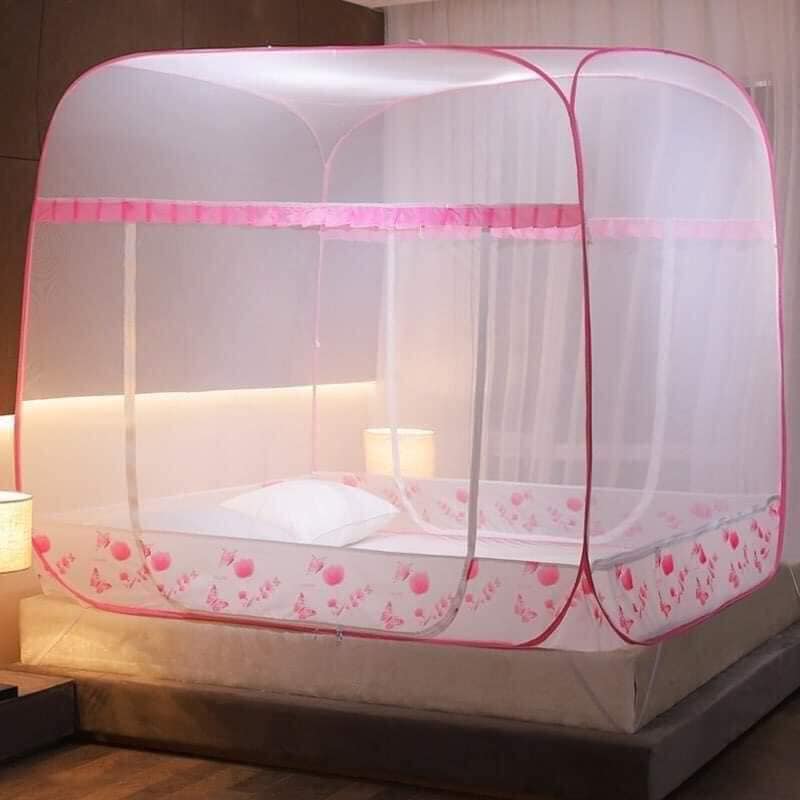 (Freeship + SALE) Màn Chụp Tự Bung Đỉnh Vuông 1m8x2m CHÂN VIỀN HỒNG ⚡️CHIỀU CAO 1m75⚡️ Mẫu Mùng Ngủ Gấp Gọn Tiện Lợi - Khung Thép Carbon - Bảo Hành 6 Tháng