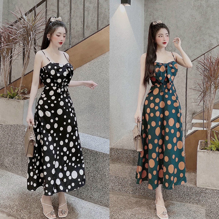 Đầm, váy maxi 2 dây form dài in họa tiết chấm bi