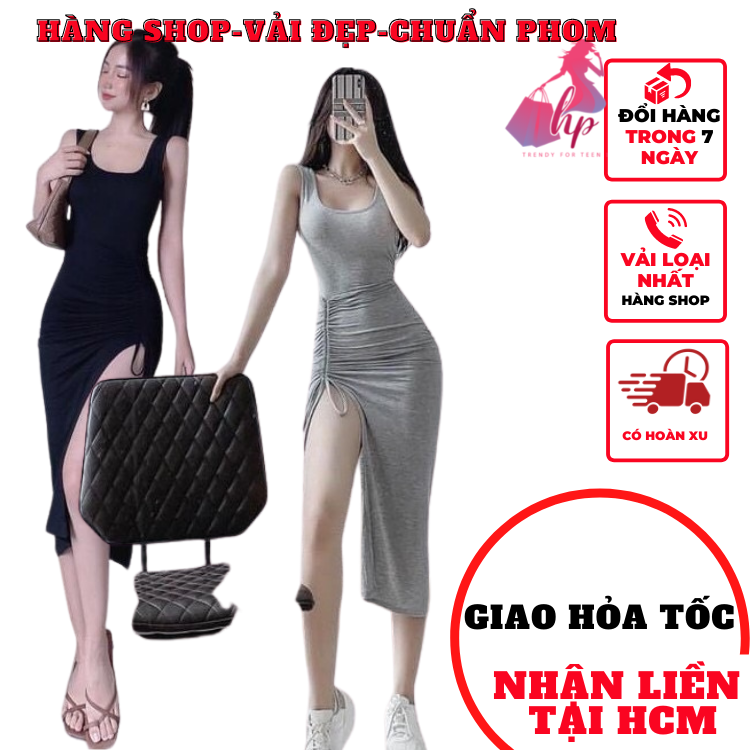 Váy đầm nữ 3 lỗ xẻ tà rút dây ôm body thun gân dự tiệc sang chảnh thời trang sexy VD205