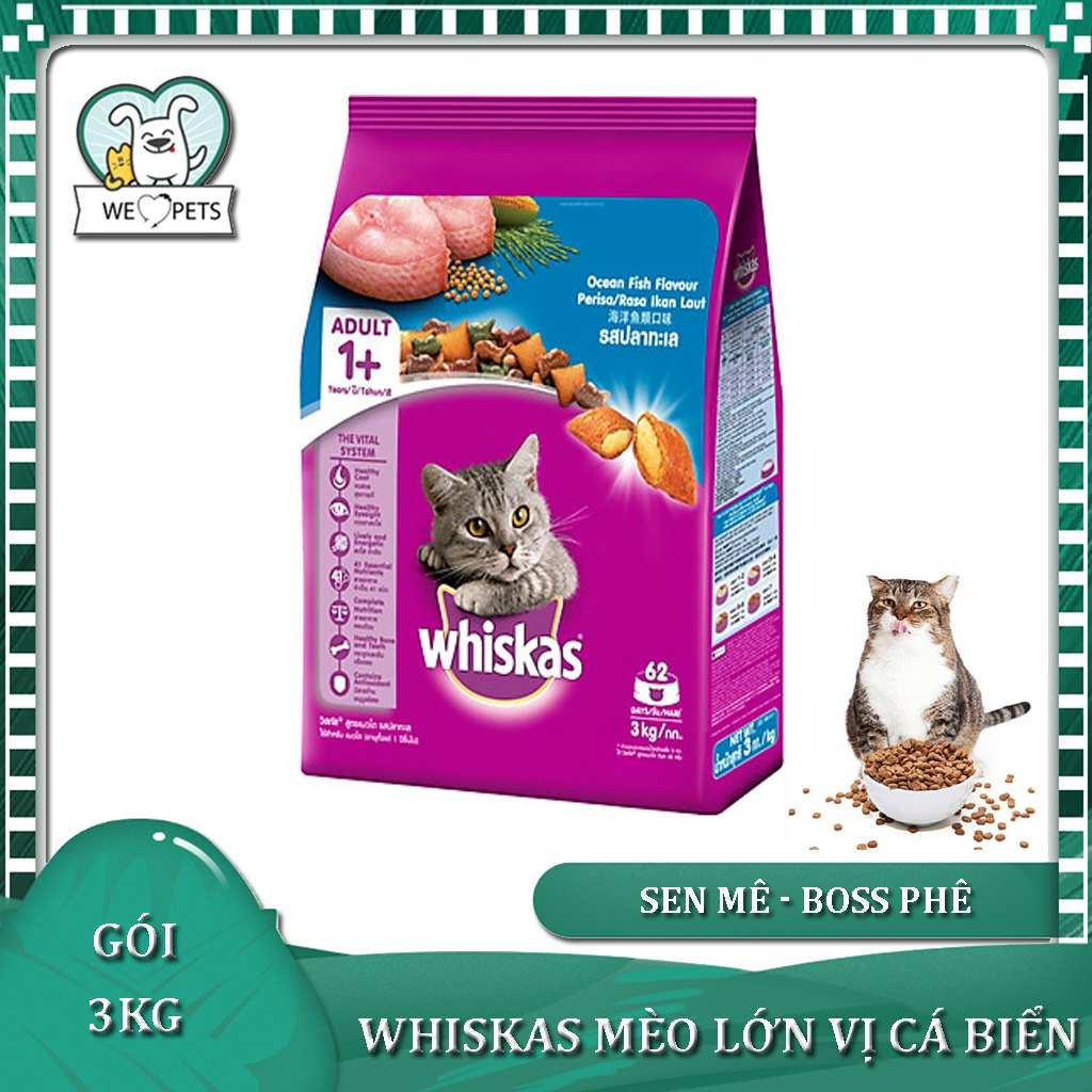 WHISKAS Thức ăn cho mèo lớn dạng hạt vị cá biển 3kg (1 túi)  - Lida Pet Shop