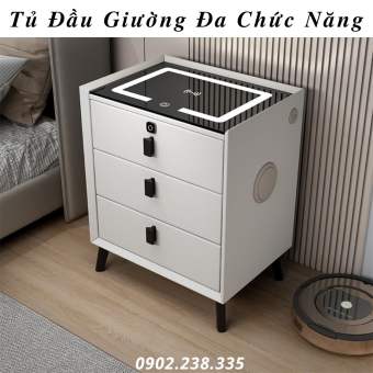 Tủ Đầu Giường Thông Minh, Tab Đầu Giường Đa Năng Có Khoá Vân Tay, Kèm Loa Bluetooth, Sạc Điện Thoại Không Dây, Ổ USB, Đèn Led Cảm Ứng