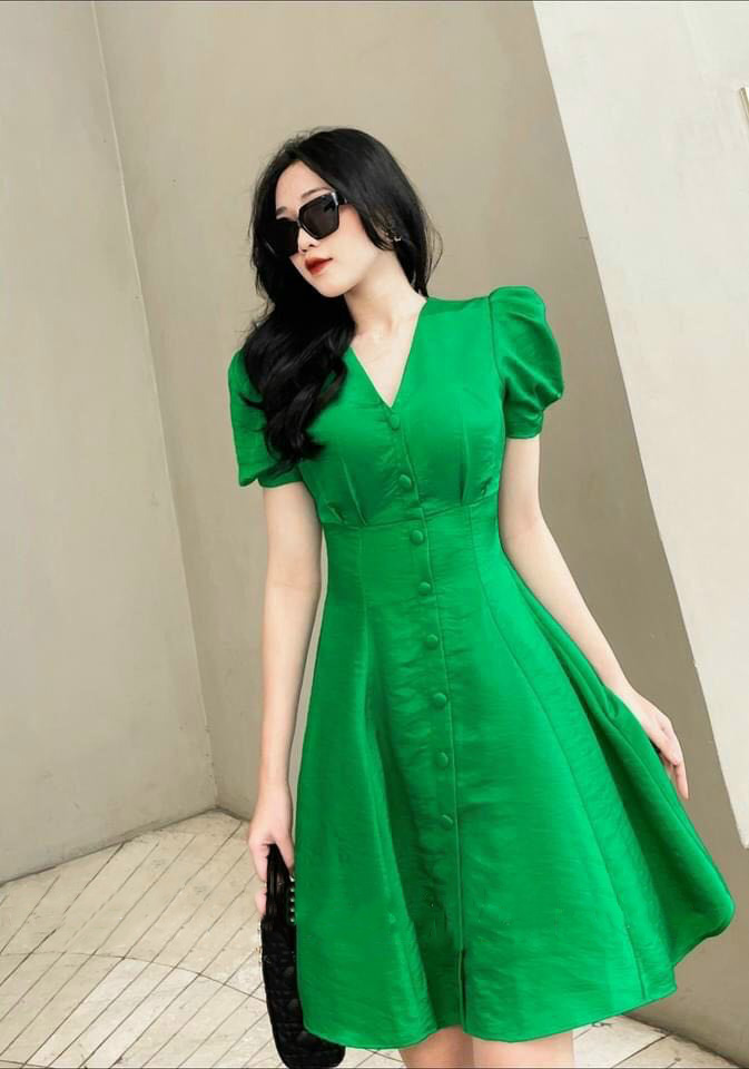 Váy đầm thời trang nữ cổ vuông midi tay phồng đính nút giữa siu xinh