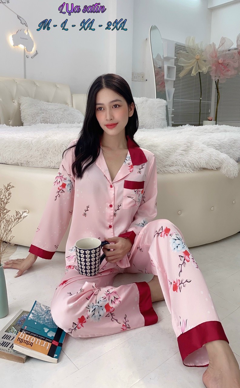 Bộ pijama lụa satin phối lai tay dài size xl - 2xl quần có túi sâu .