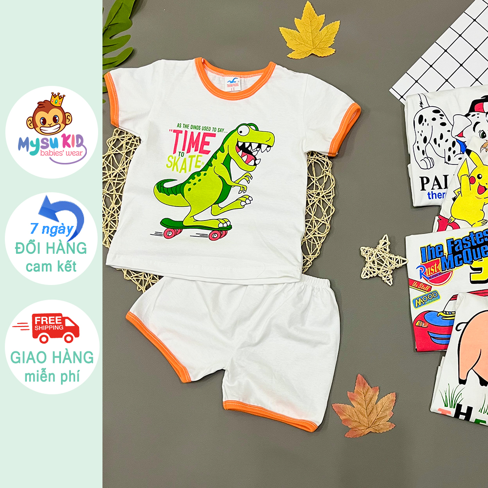 Đồ bộ cộc tay bé gái bé trai Mysu kids màu trắng có viền màu thun cotton 100% mềm mịn mát từ 8kg đến 50kg