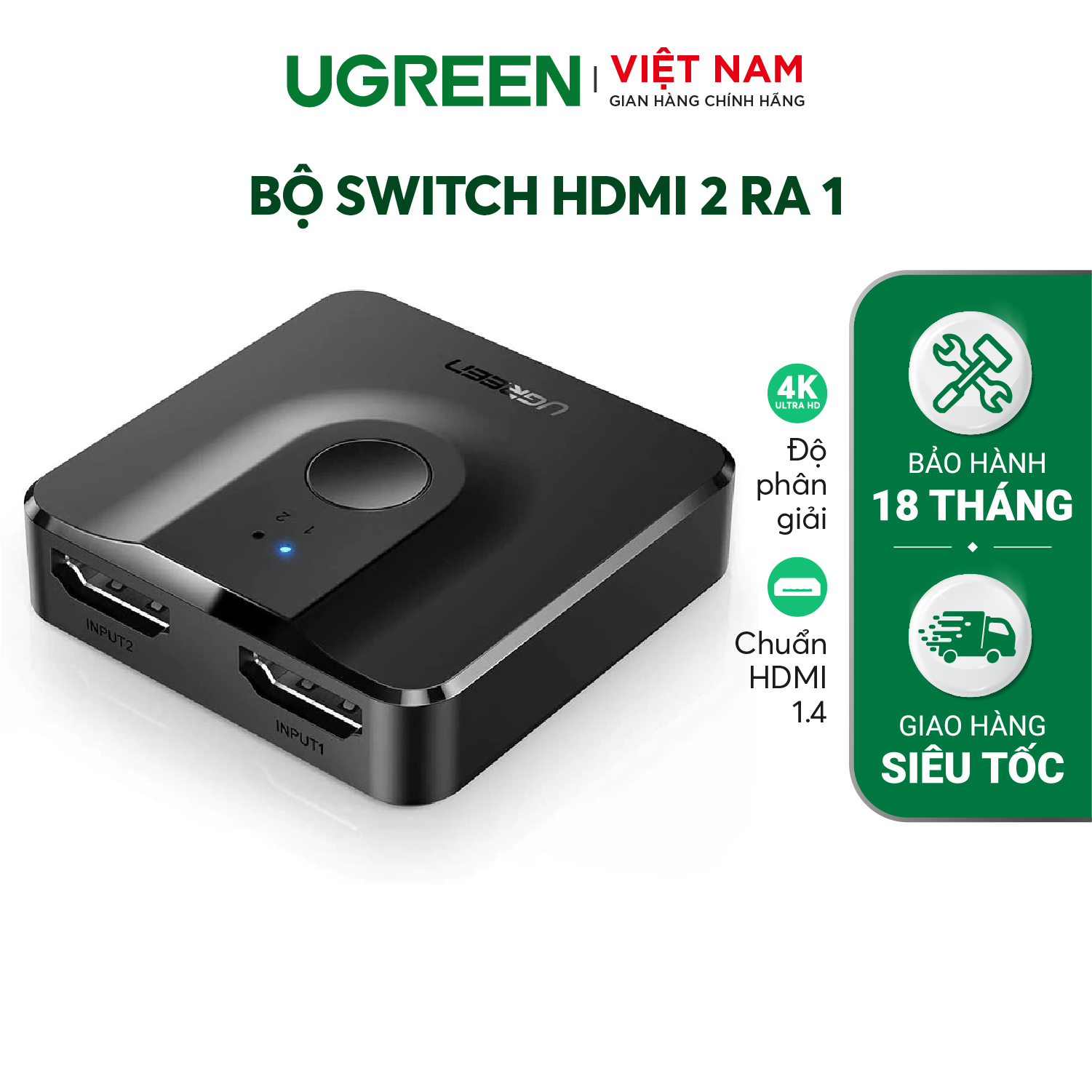[DUY NHẤT 21.5 - VOUCHER 20%] Bộ Switch HDMI 2 ra 1 Ugreen CM217 (Tương thích ngược 1 ra 2) | Độ phân giải 4K | Chuẩn HDMI 1.4 | Bảo hành 18 tháng | 50966