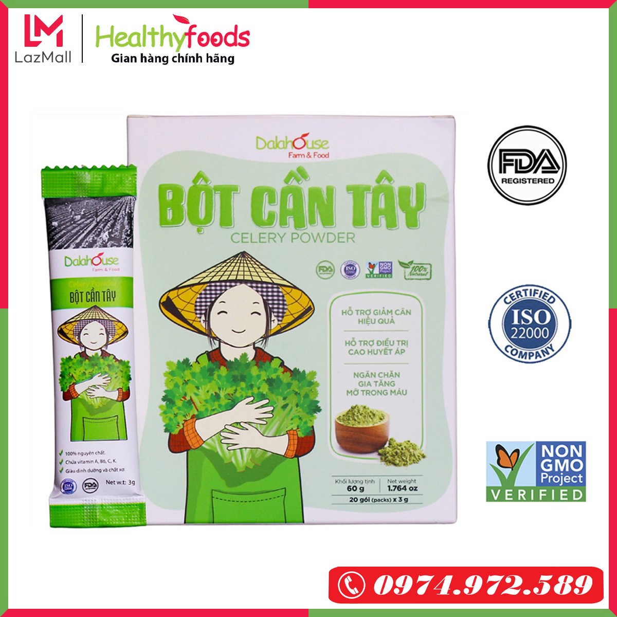 Bột cần tây sấy lạnh nguyên chất Dalahouse công nghệ sấy lạnh tiêu chuẩn Châu Âu, Hộp 60g x 20 gói, hỗ trợ giảm mỡ bụng sau sinh detox cơ thể làm đẹp da sạch mụn