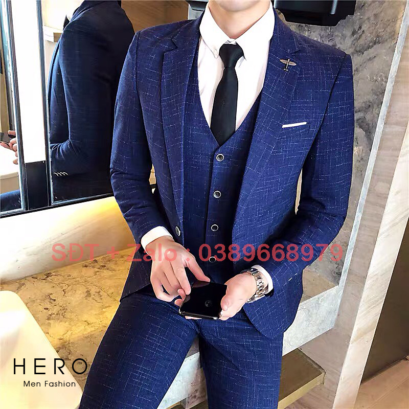 Vest nam kẻ xanh, bộ vest nam hàn quốc, suit nam, bộ suit nam kẻ xanh