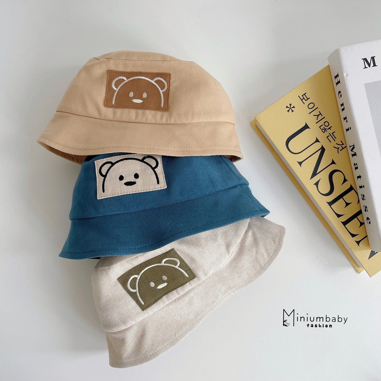 Mũ bucket unisex cho bé trai, bé gái từ 1-10 tuổi, mũ chống nắng không quai thêu in hình gấu xinh xắn Miniumbaby-M1210