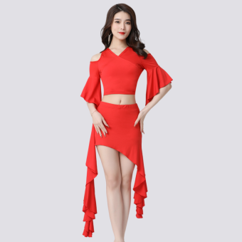 New belly dance Latin dance dance suit practice suit straps three-quarter sleeve top irregular skirt suit