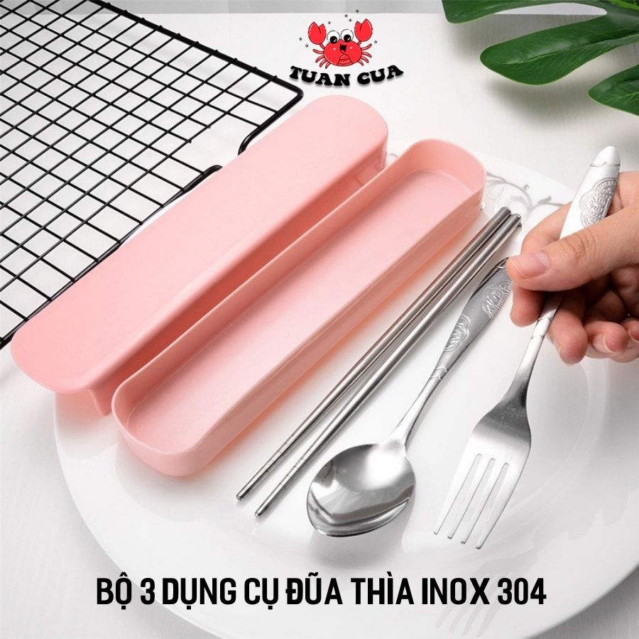 Bộ 3 món đũa thìa dĩa inox 304 kèm hộp đựng, bộ muỗng đũa nĩa cá nhân kèm hộp đựng màu trơn, phụ kiện hộp cơm văn phòng, Tuancua (DTD06)