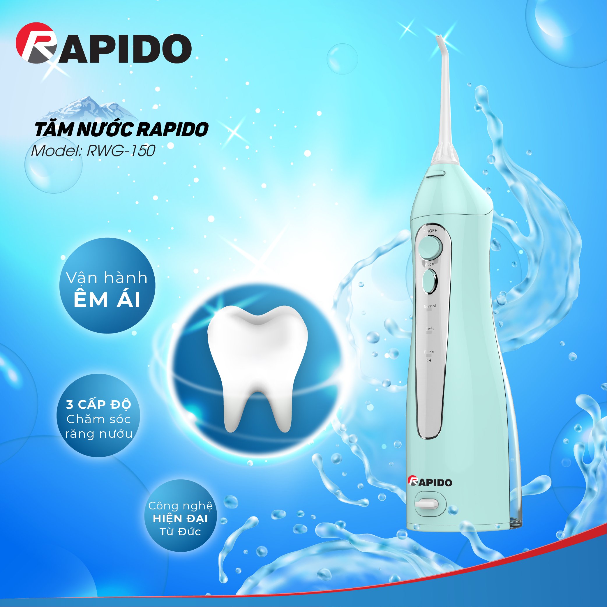 Máy tăm nước cầm tay Rapido RWF-150 áp lực liên tục, mạch nước ổn định, bảo vệ răng lợi - Hàng Chính Hãng