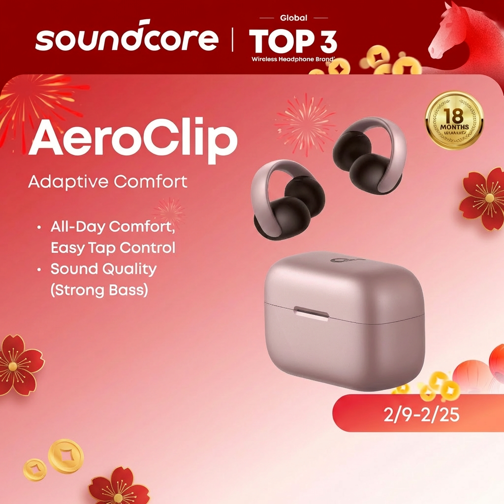 Soundcore AeroClip Clip-On Open-ear Earbuds, wireless Bluetooth headphones, offering up to 32 hours of usage A3388