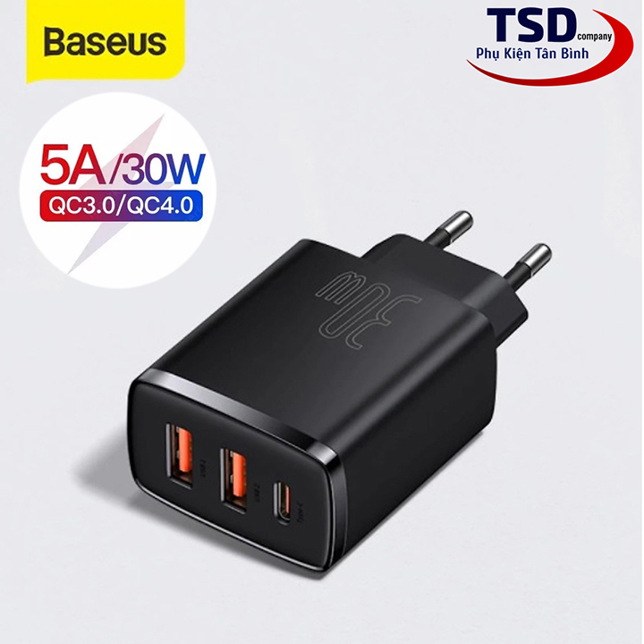  Củ Sạc Nhanh Baseus 30W Compact Quick Charger   USB Dual Port + Type C 30w PD   QC3.0 Multi Quick Charge Support   