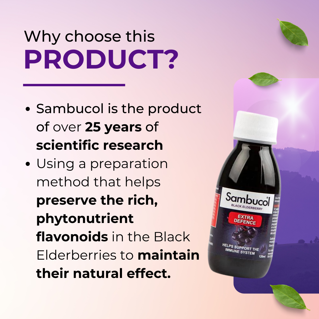 Why Choose Sambucol Extra Defence Liquid, EXTRA Vitamin C, Zinc, Vitamins & Minerals, 120ml