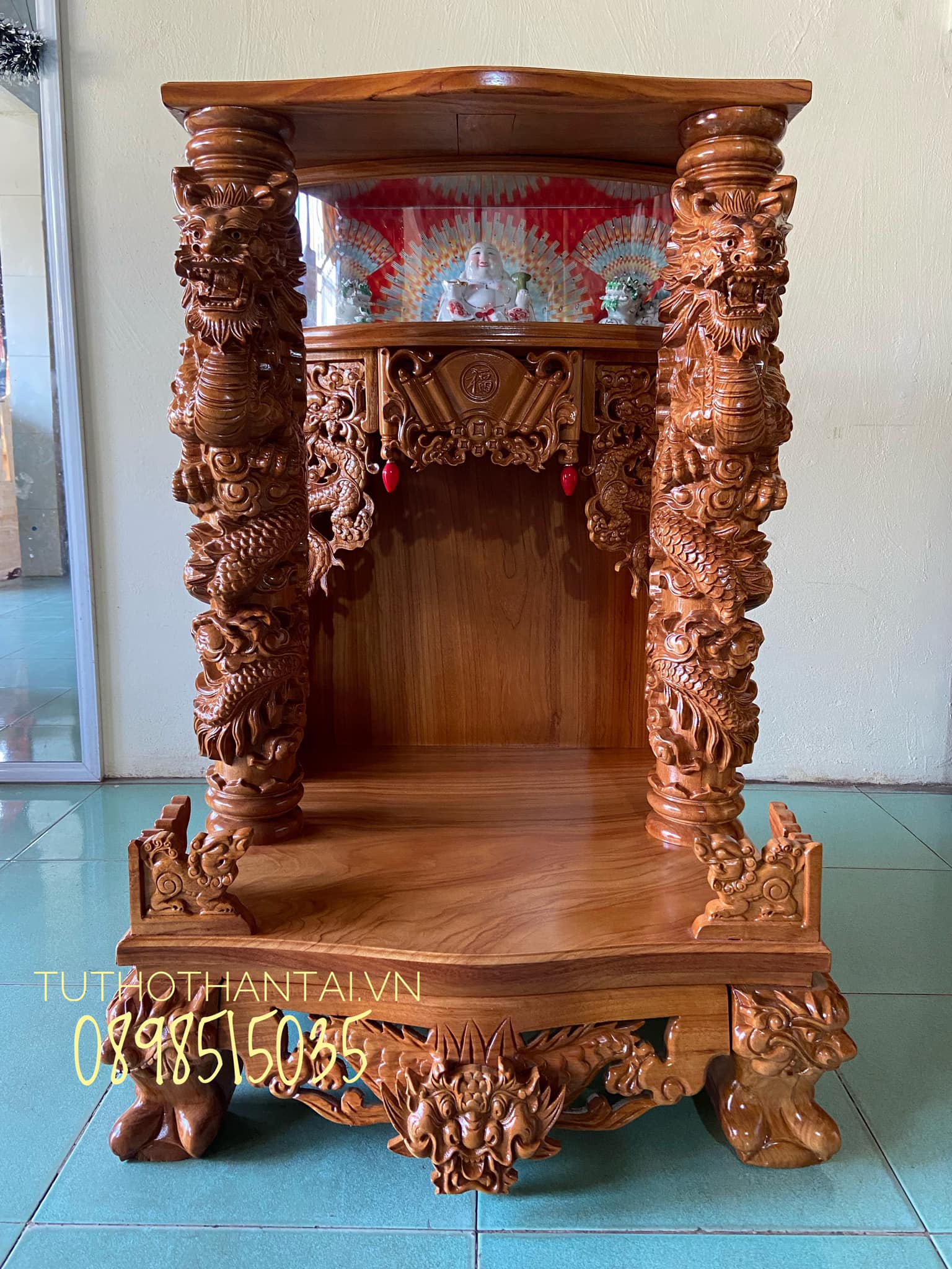 Bàn thờ thần tài ông địa mẫu rồng phun lửa, có hộp đèn 68 x 68 x 107cm