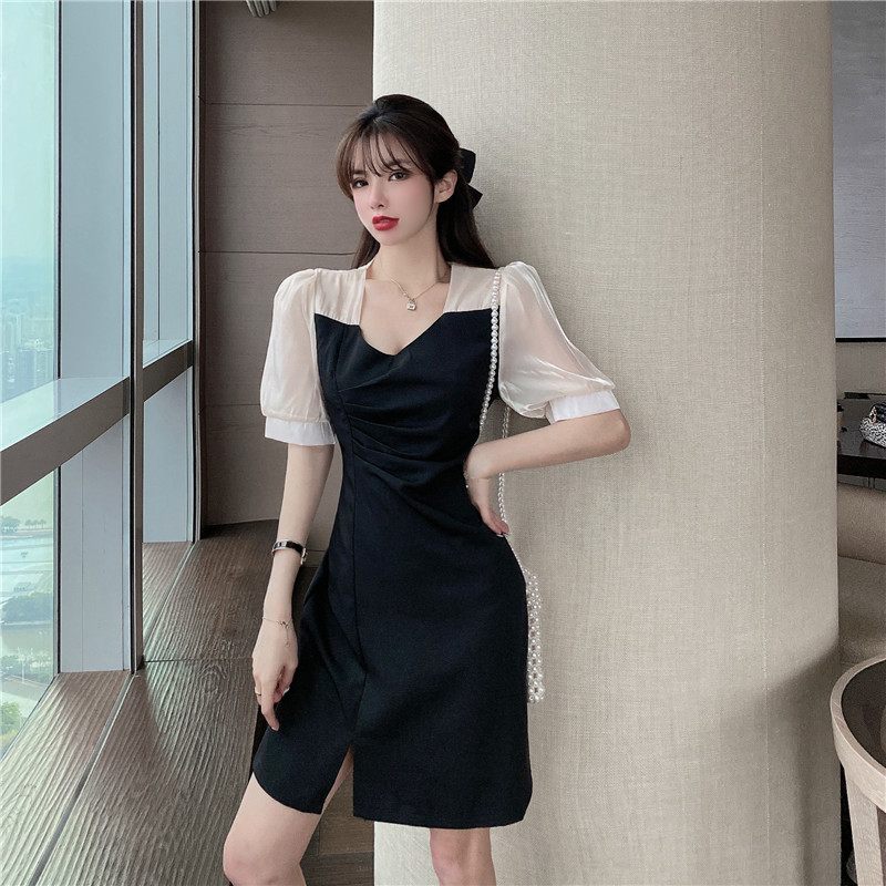 Đầm váy thời trang nữ thiết kế đẹp phối voan xẻ tà đùi xếp ly ngực